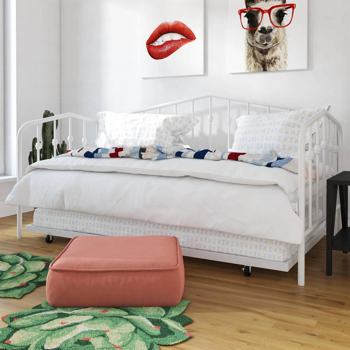 Twin size Modern Industrial White Metal Daybed with Trundle Bed Frame