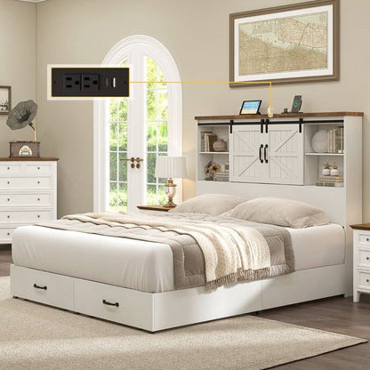 Queen White Farmhouse Platform Bed with Bookcase Headboard and Storage Drawers