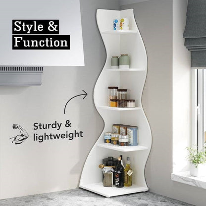 Modern Whimsical 5 Shelf Corner Bookcase Stand White Wood Finish