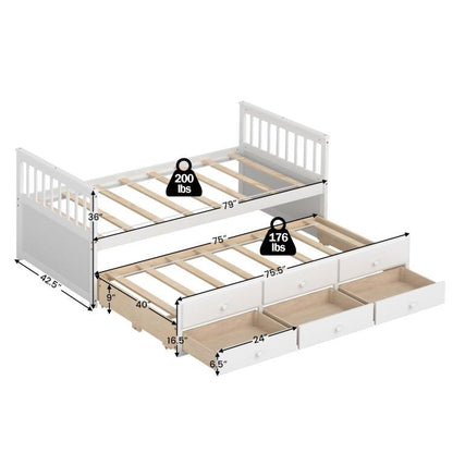 Twin Captains Bed with Pull Out Trundle and Storage Drawers in White Wood Finish