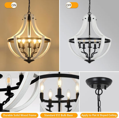5-Light Convertible White Wood Farmhouse Chandelier