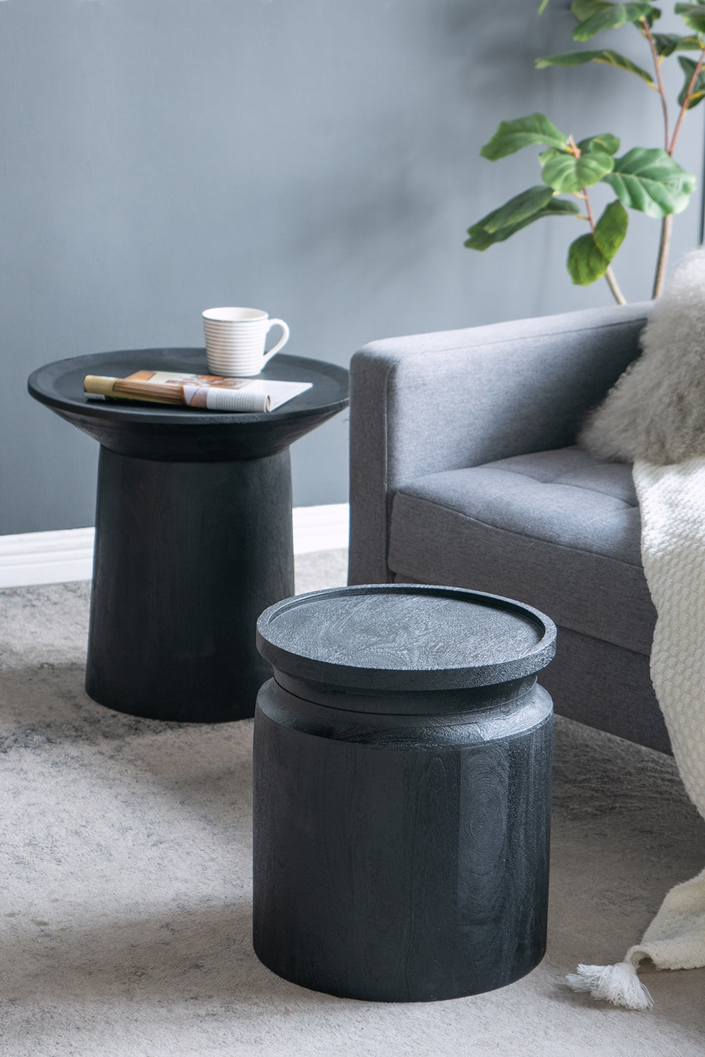 Black Wooden Cylinder Side Table