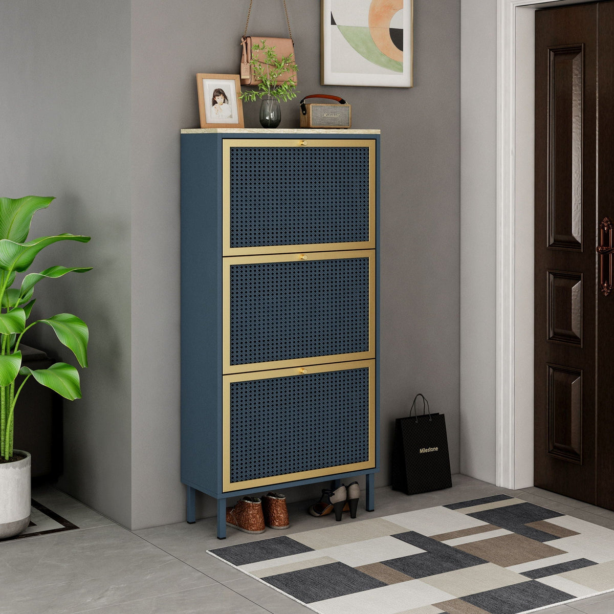 Modern Rattan 3 Door Shoe Rack Cabinet for Entryway