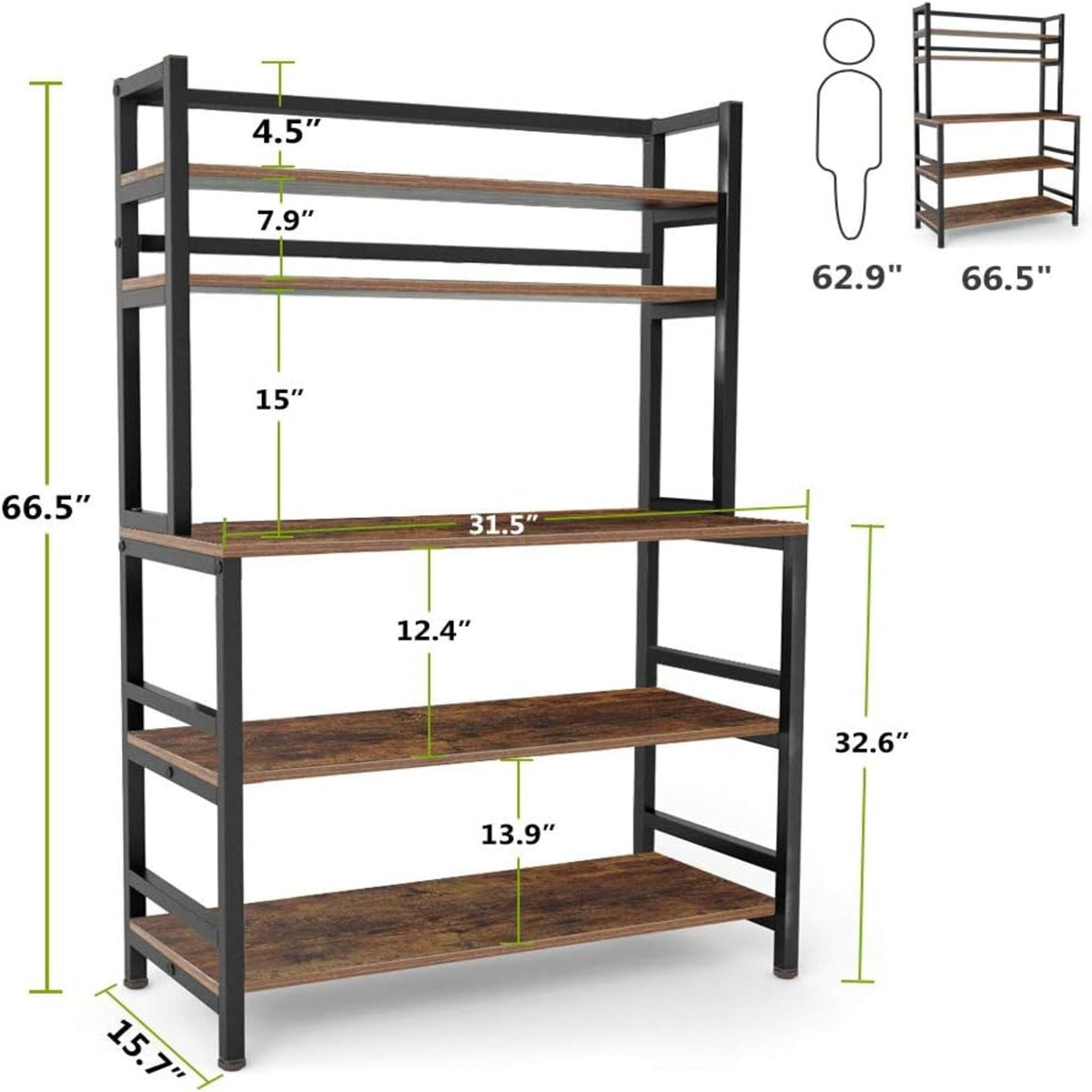 5 Tier Kitchen Bakers Rack With Hutch Microwave Stand, Freestanding Storage Organizer For Countertop - Black