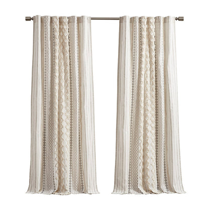 Cotton Printed Curtain Panel with Chenille Stripe and Lining Ivory 50x95