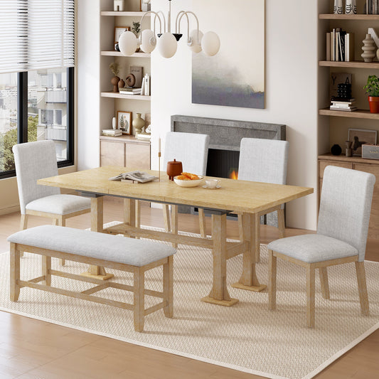 Artisanal 6-Piece Extendable Solid Wood Dining Set with Bench Seating