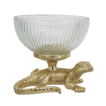 5x5x4.5' Gold Lizard Pedestal Bowl with Ribbed Glass Dish