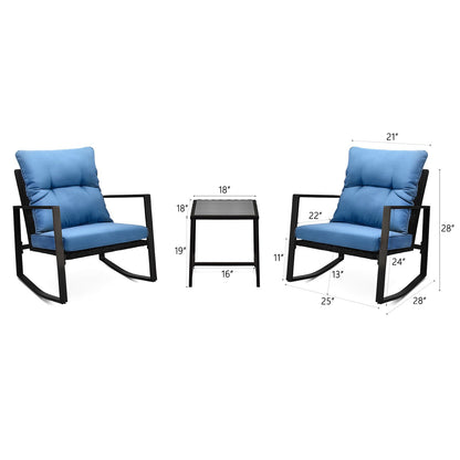 3 Pieces Patio Bistro Set Outdoor Rocking Chair with Blue Cushion for Yard Garden Poolside