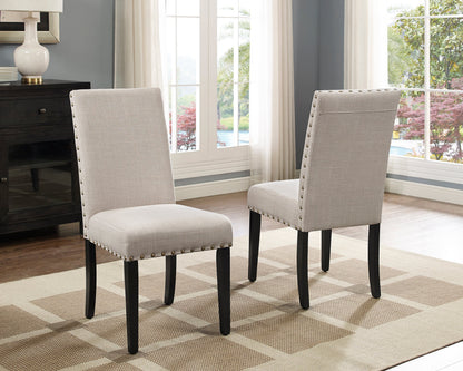 Biony Espresso Wood Dining Set with Tan Fabric Nailhead Chairs