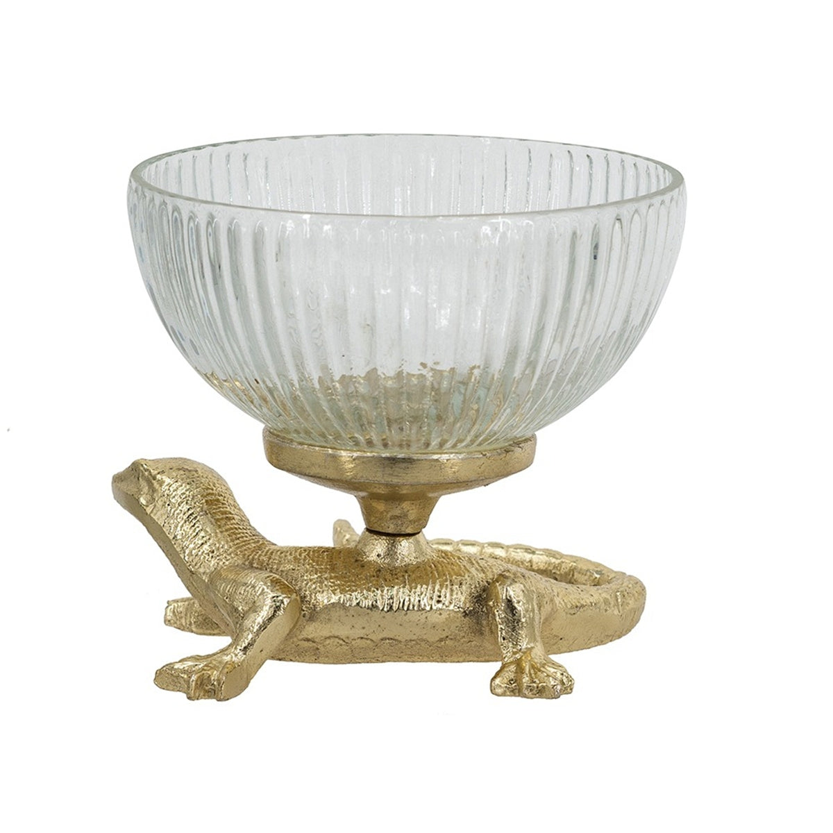 5x5x4.5' Gold Lizard Pedestal Bowl with Ribbed Glass Dish