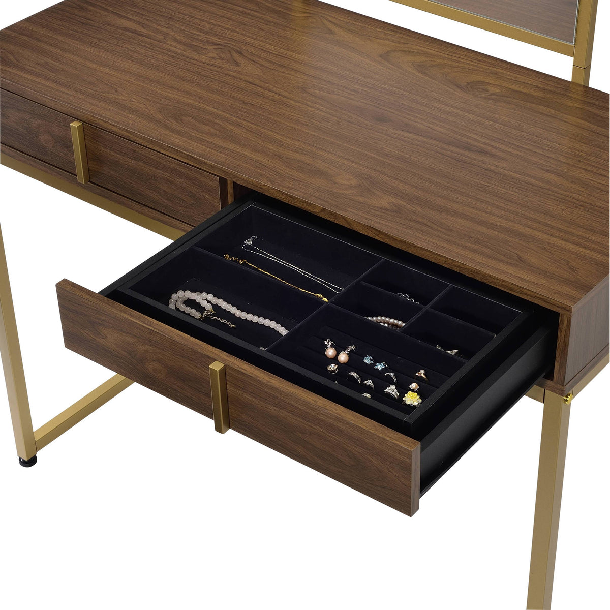 Coleen Walnut & Gold Finish Vanity Desk with Mirror & Jewelry Tray