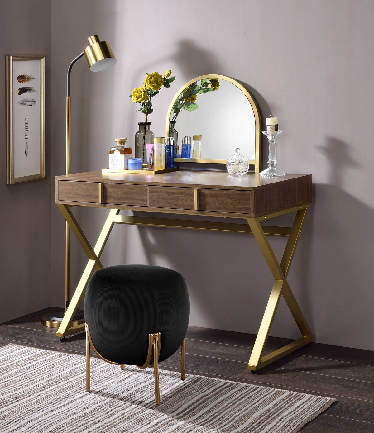 Coleen Walnut & Gold Finish Vanity Desk with Mirror & Jewelry Tray