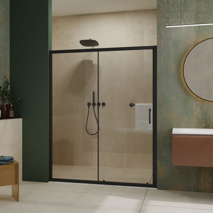 60.in W x 72.in H Single Sliding Shower Door, 1/5 inch Thick Clear Tempered Glass Shower Door with Stainless Steel Handle, Black