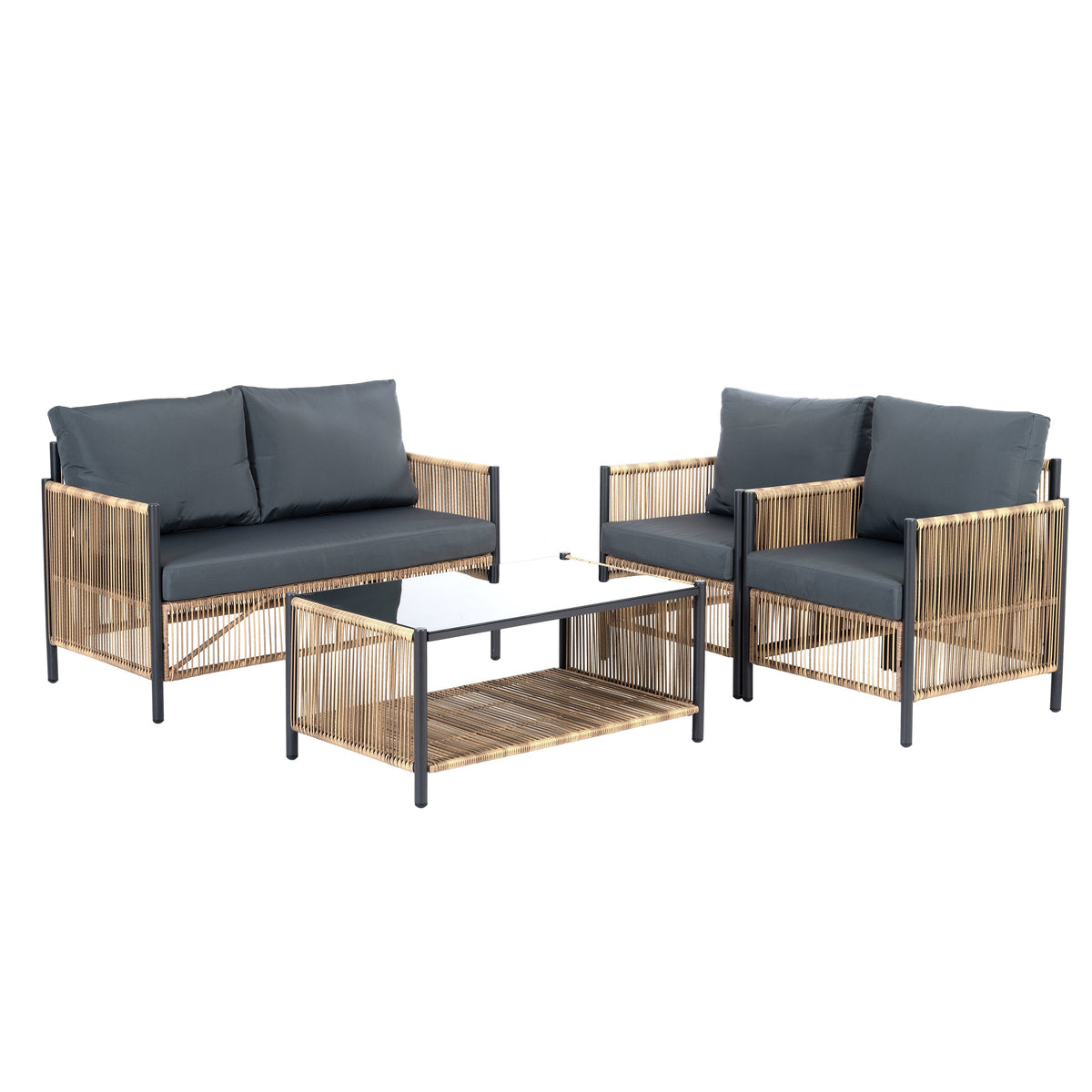 Patio 4-Piece Brown PE Wicker Sofa Set with Grey Cushions
