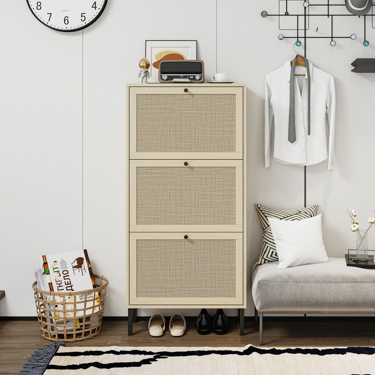 Modern Rattan 3 Door Shoe Rack Cabinet for Entryway