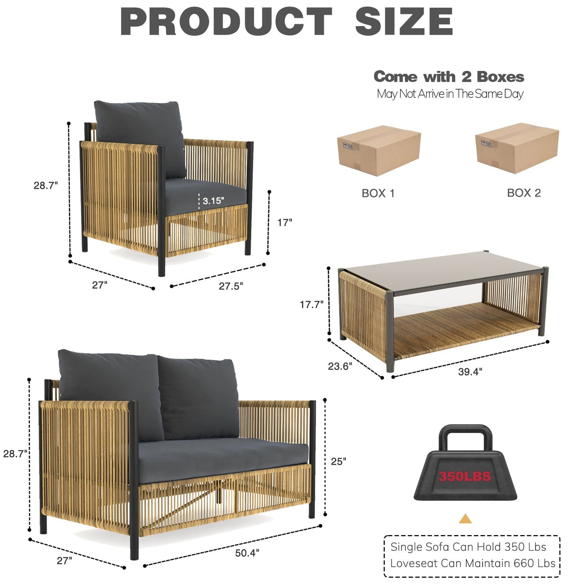 Patio 4-Piece Brown PE Wicker Sofa Set with Grey Cushions