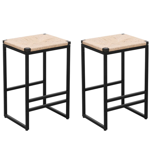Boho Style Backless Bar Stools (Set of 2) With Paper Rope Woven Seat & Metal Frame For Kitchen Counter