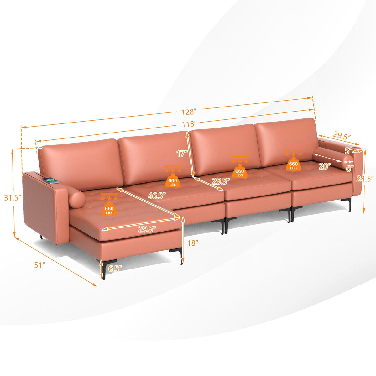 Modular L-shaped 4-Seat Sectional Sofa with Reversible Chaise and 2 USB Socket